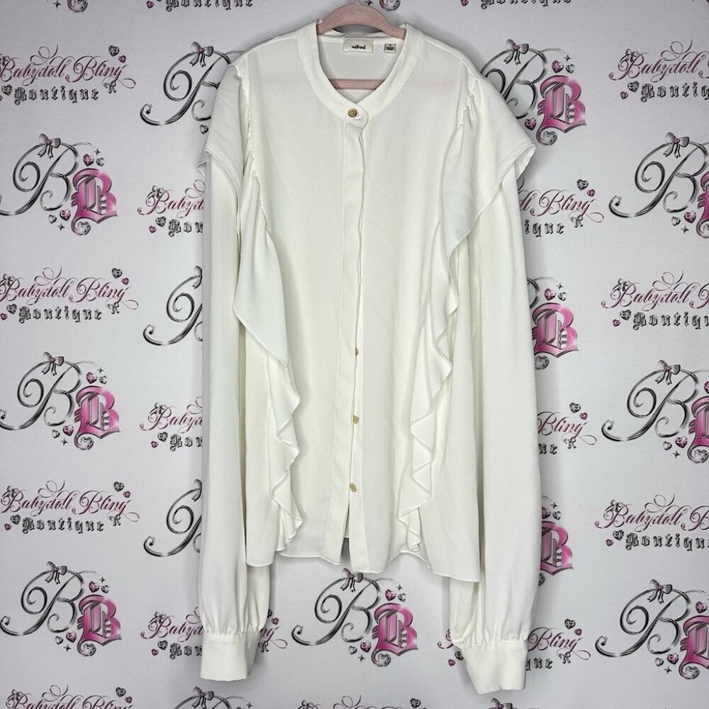 Wilfred aritzia silk White Ruffle Blouse button up frilly detail cream white